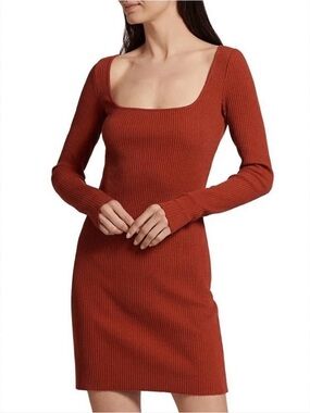 Vince Square-Neck Ribbed Long Sleeve Dress - Rust/terracotta